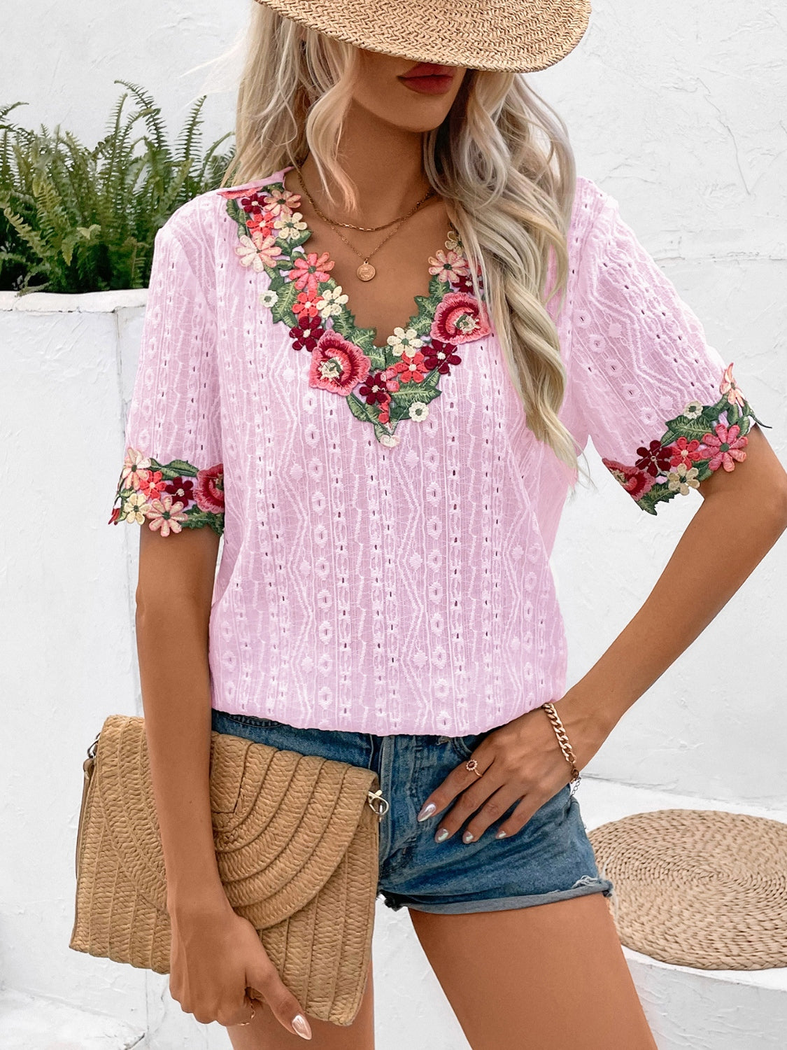 Eyelet Embroidered V-Neck Short Sleeve Blouse