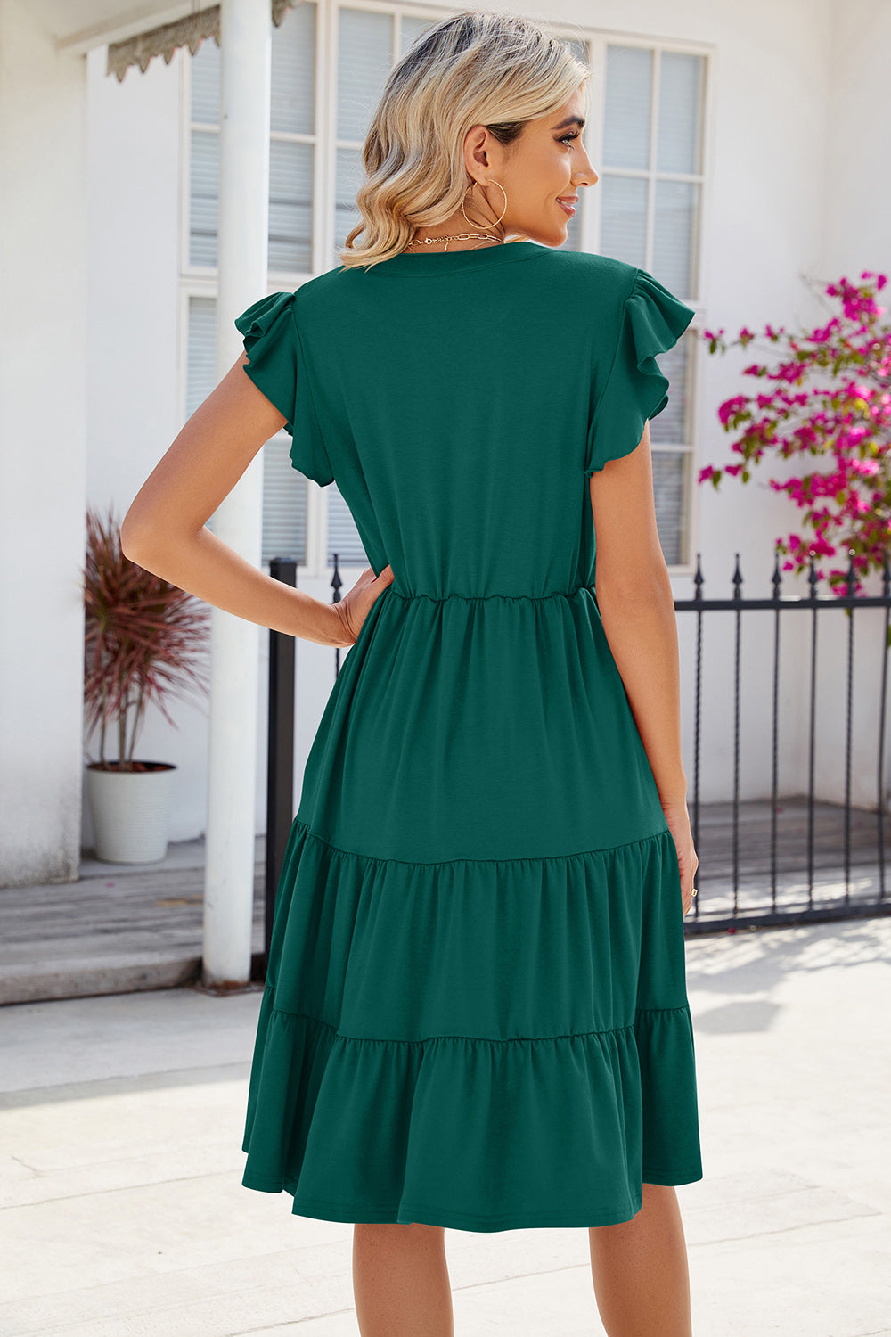 Ruched Notched Cap Sleeve Dress