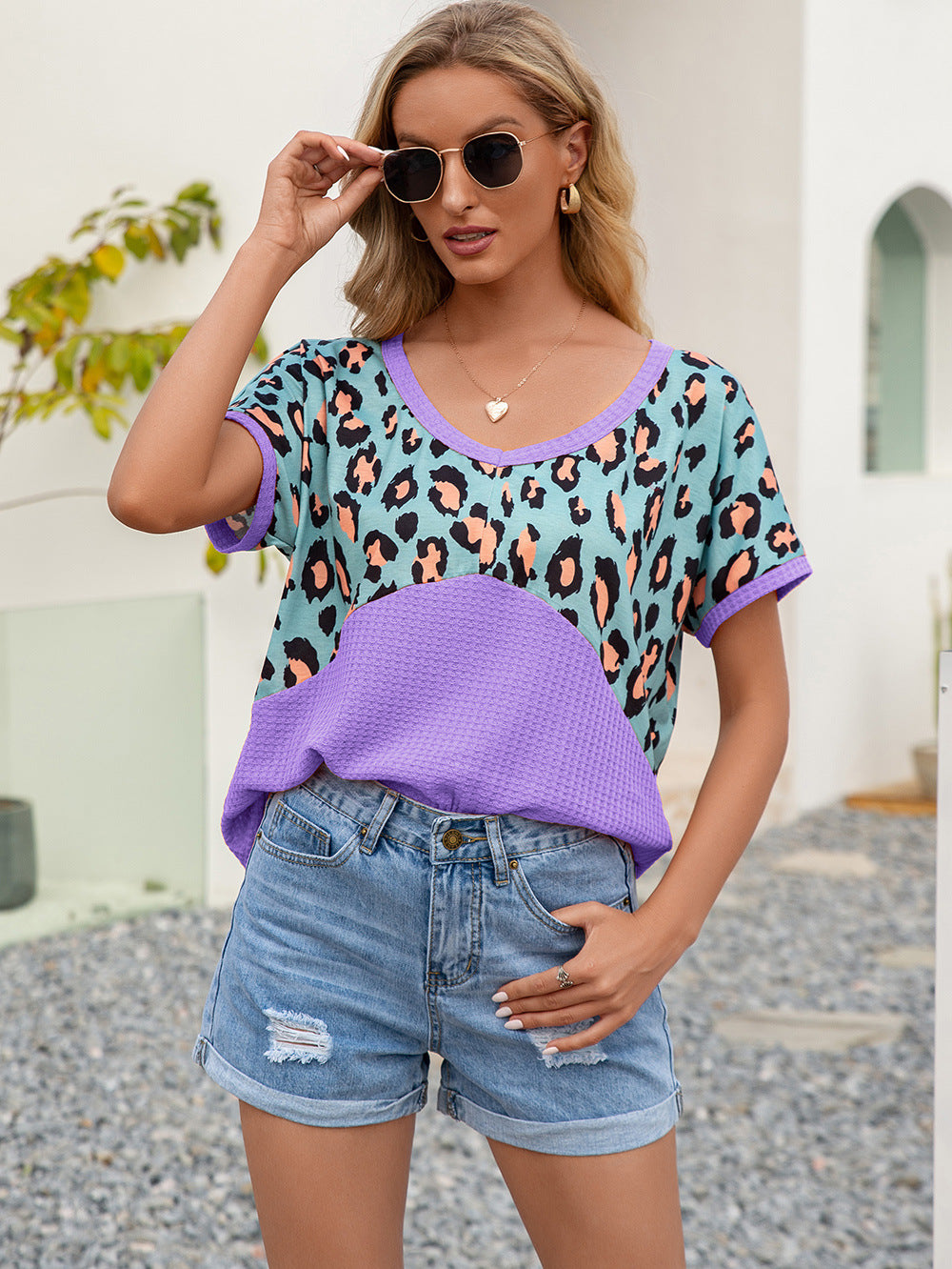 Leopard Waffle-Knit Short Sleeve Top