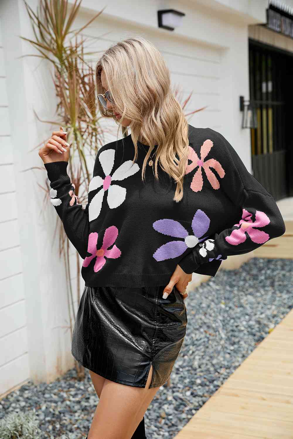 Flower Round Neck Drop Shoulder Sweater