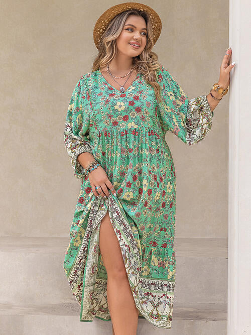 Plus Size Floral V-Neck Balloon Sleeve Midi Dress