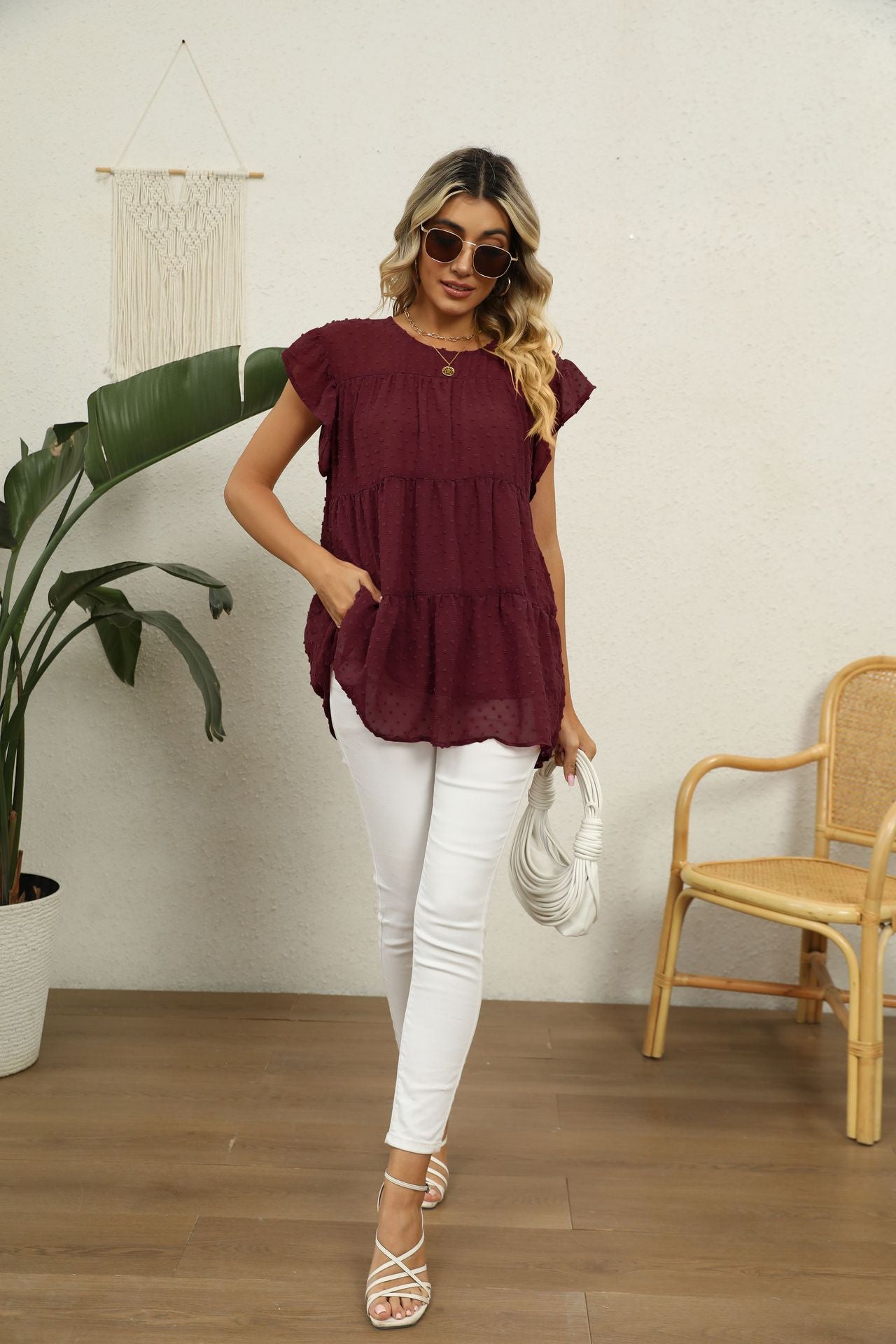 Swiss Dot Round Neck Tiered Blouse