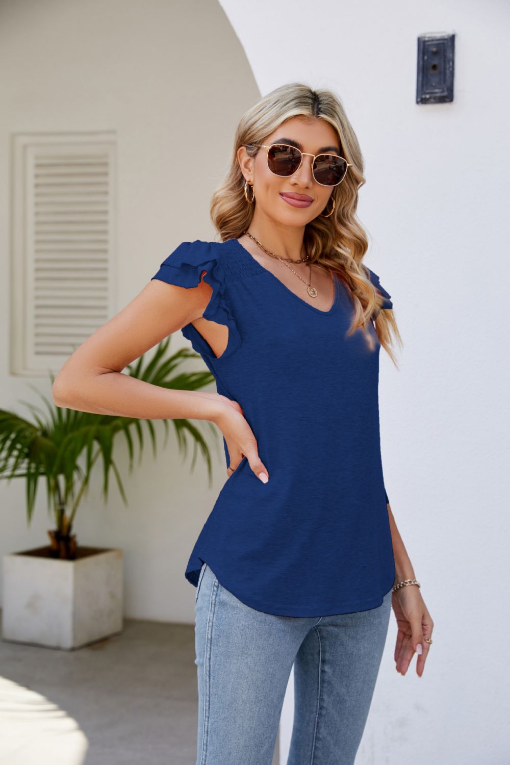 Smocked Flutter Sleeve V-Neck Top