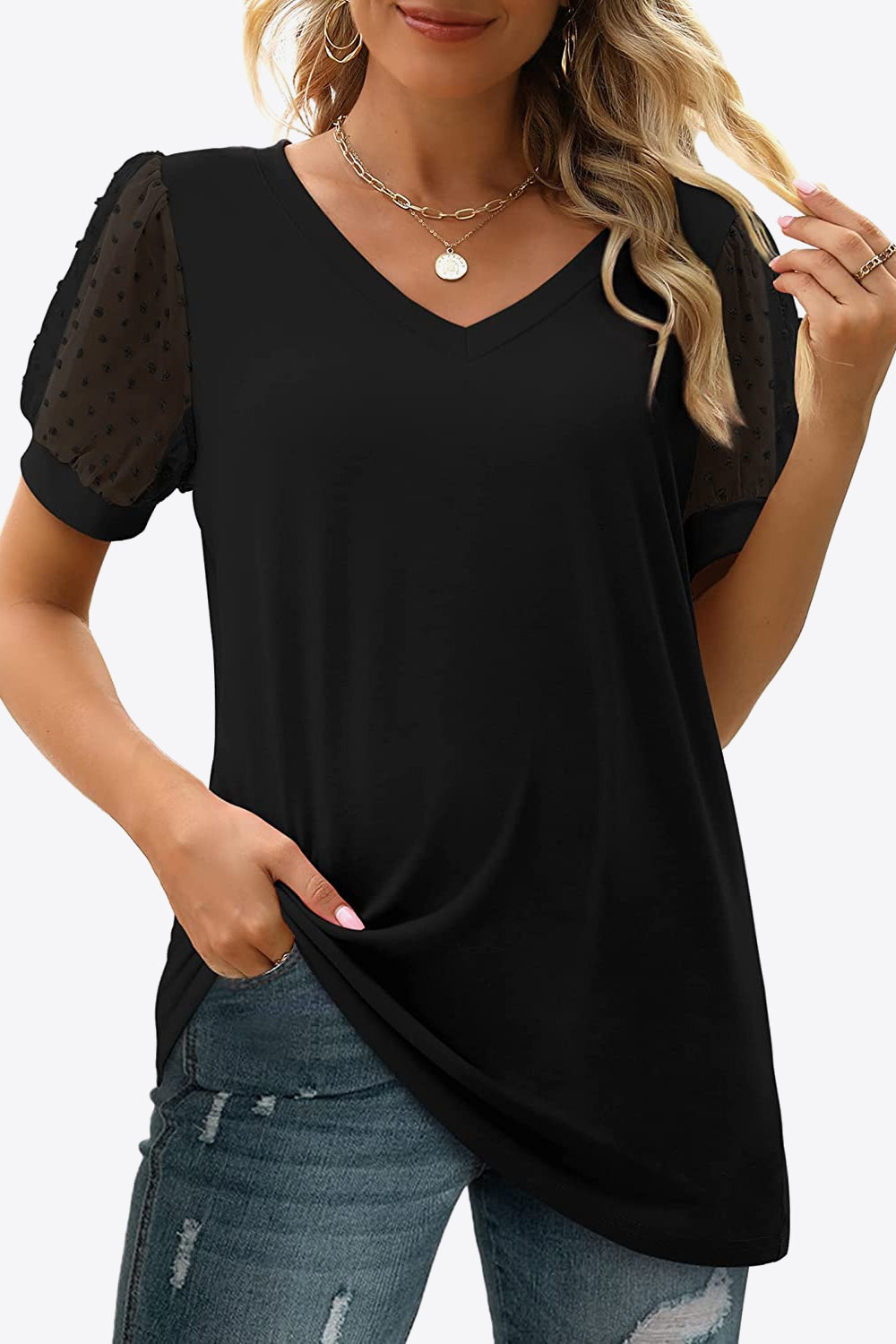 Swiss Dot Puff Sleeve V-Neck Tee