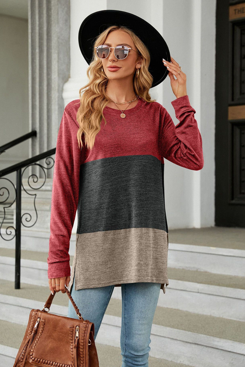 Color Block Round Neck Long Sleeve Slit T-Shirt