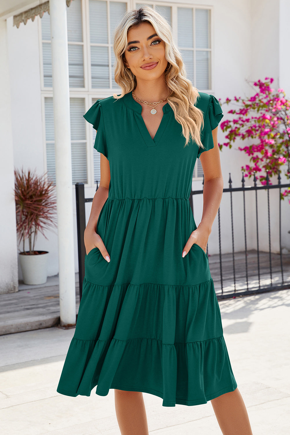 Ruched Notched Cap Sleeve Dress