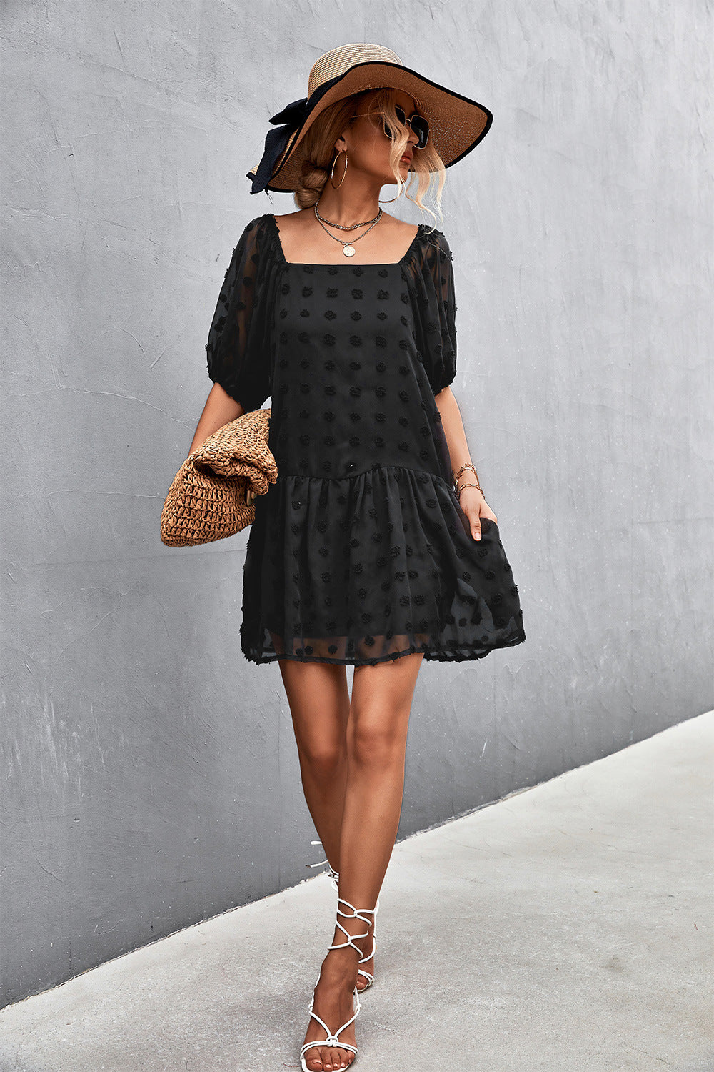 Swiss Dot Square Neck Half Balloon Sleeve Dress