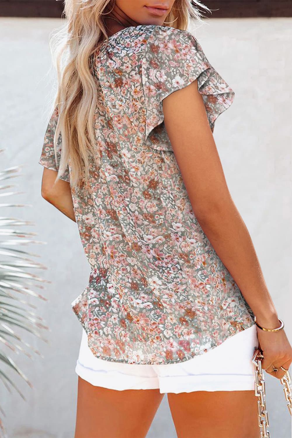 Floral V-Neck Flutter Sleeve Blouse