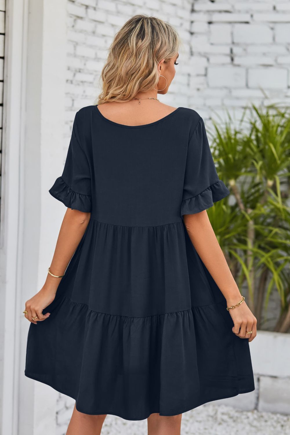 V-Neck Flounce Sleeve Tiered Dress