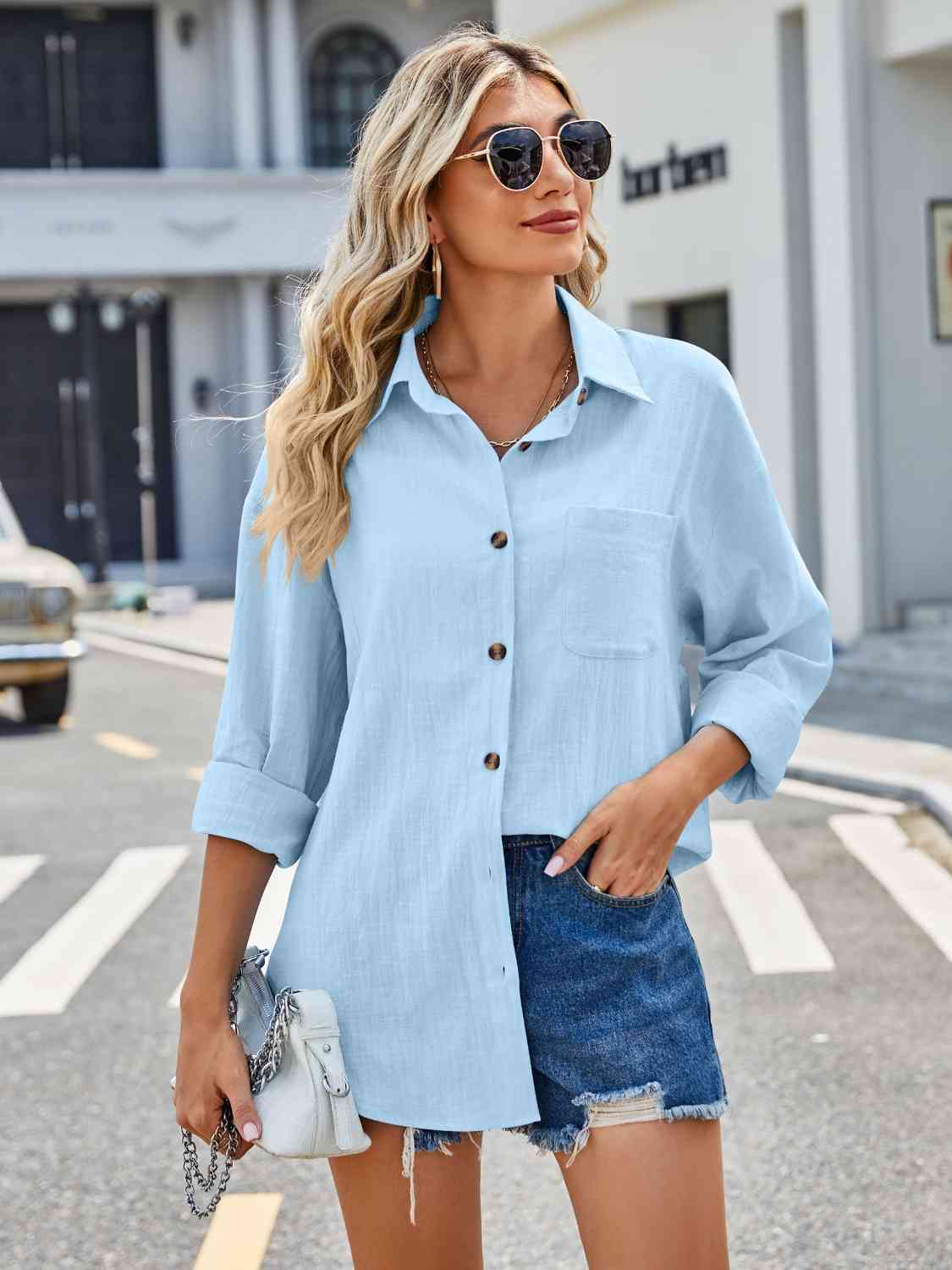 Button Up Collared Neck Long Sleeve Shirt