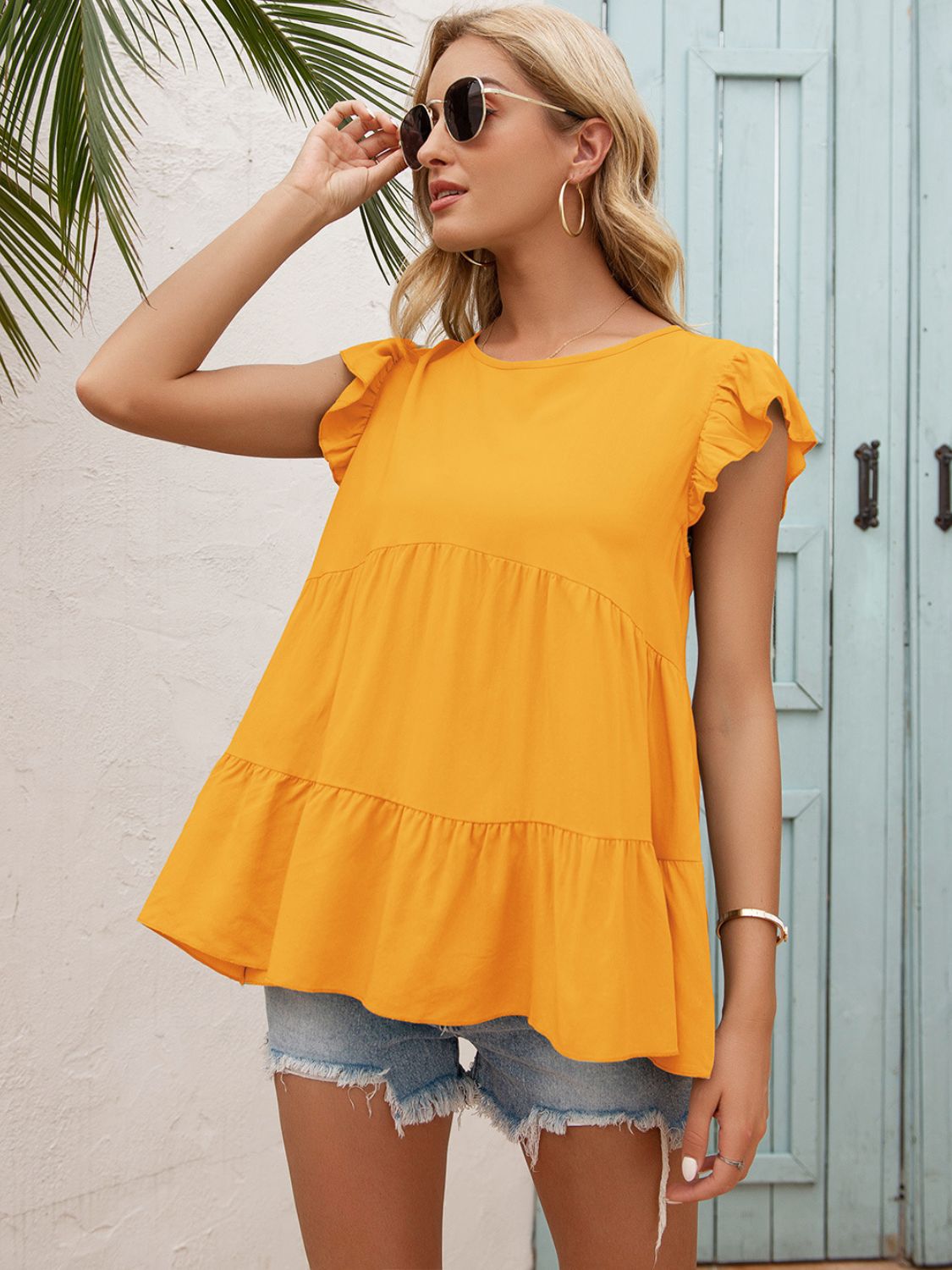 Round Neck Flutter Sleeve Tiered Blouse