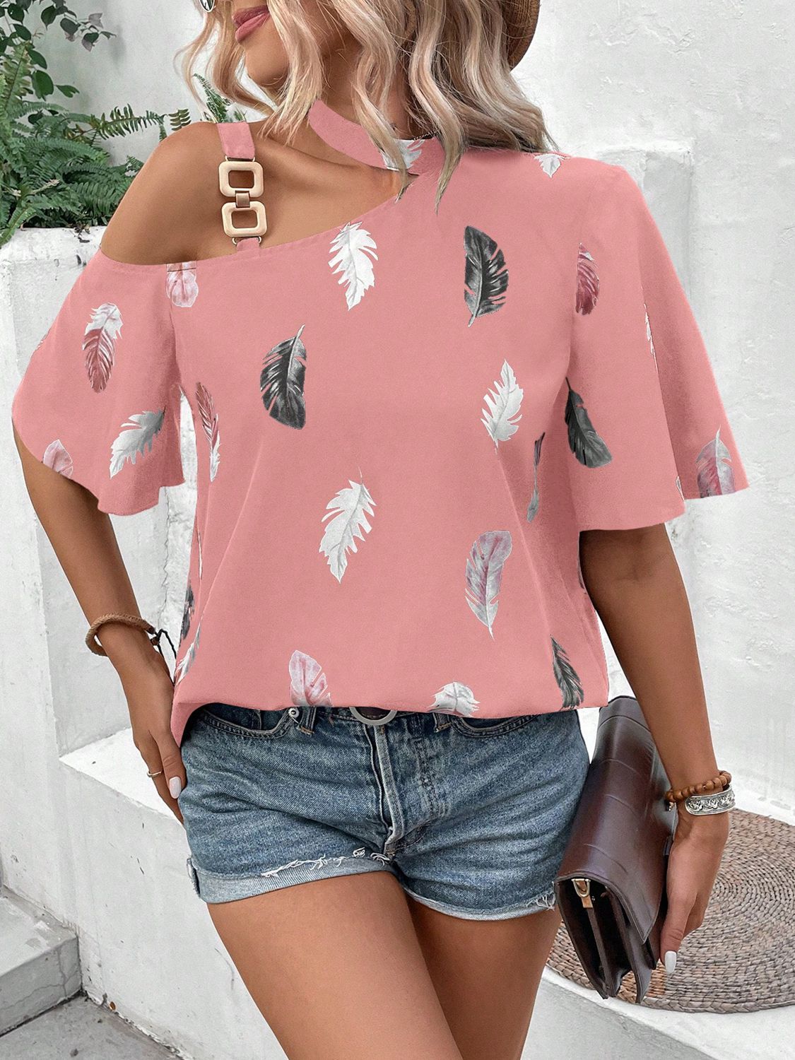 Asymmetrical One Shoulder Short Sleeve Printed Blouse