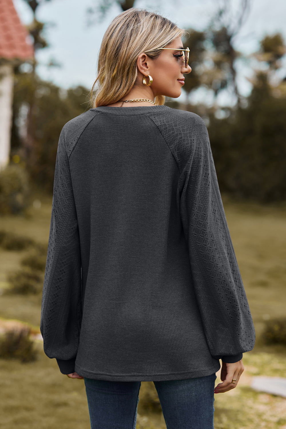 Notched Neck Raglan Sleeve Blouse