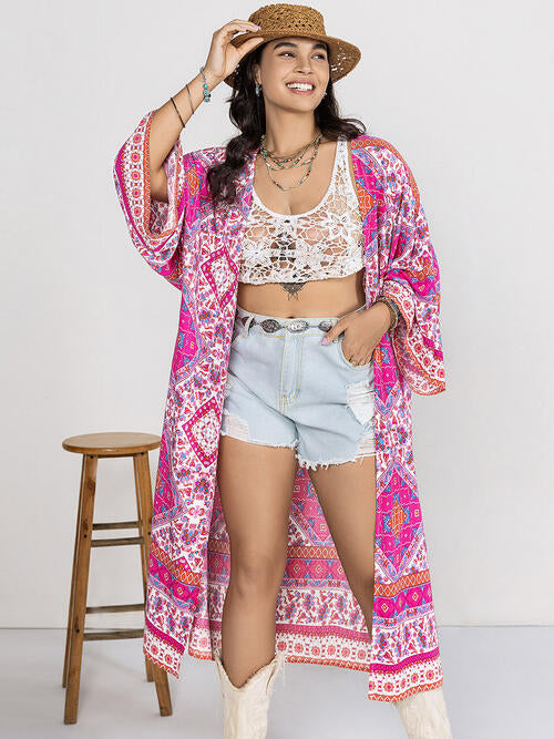 Double Take Plus Size Printed Open Front Longline Cardigan