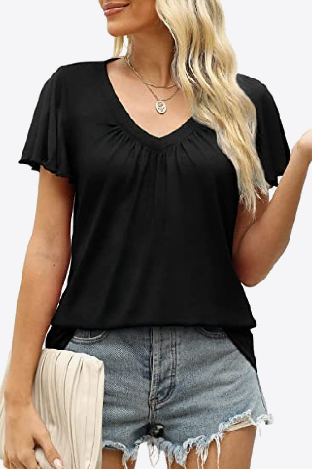 V-Neck Flutter Sleeve Tee Shirt