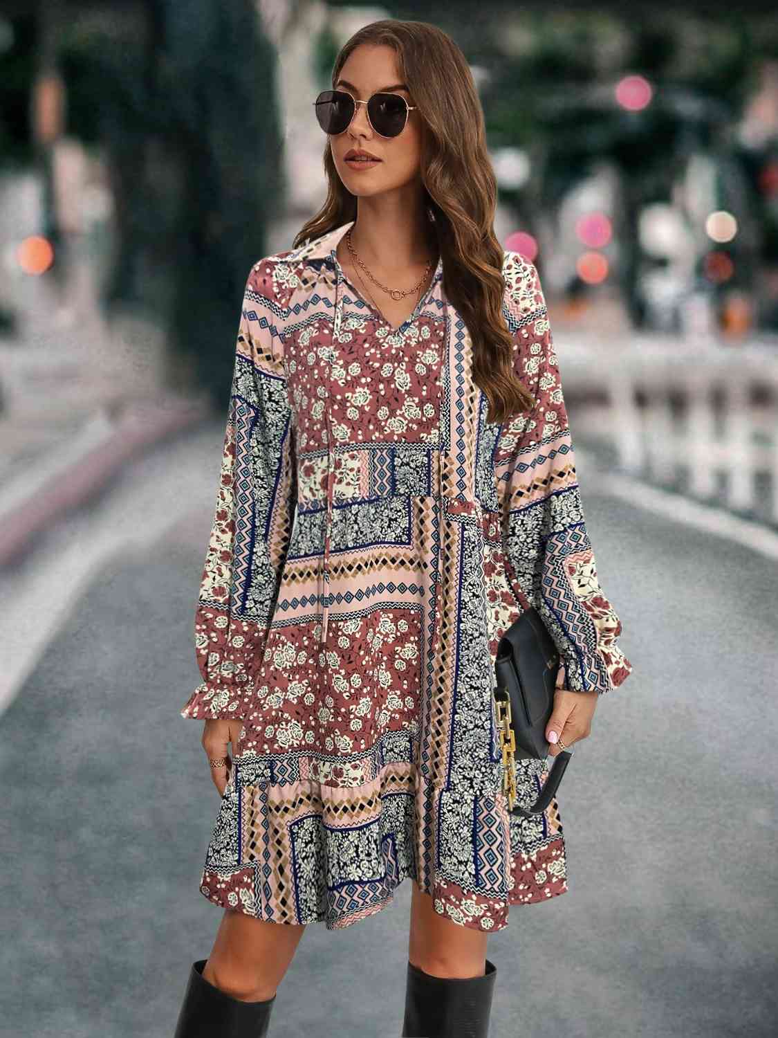 Printed Tie Front Flounce Sleeve Dress