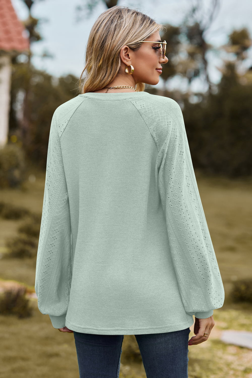 Notched Neck Raglan Sleeve Blouse