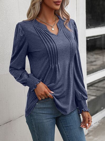 Notched Smocked Lantern Sleeve Blouse