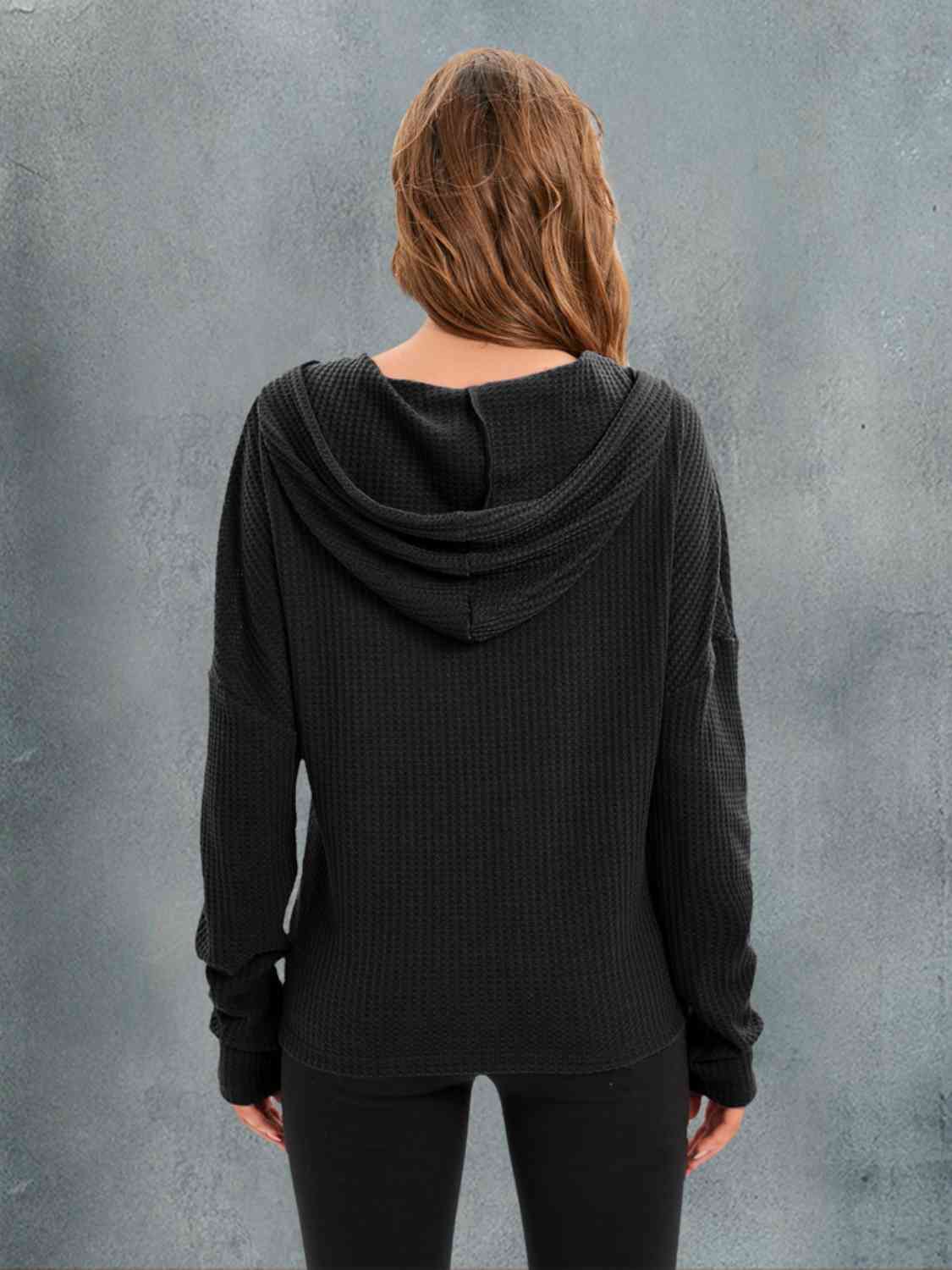 Waffle-Knit Drawstring Drop Shoulder Hoodie