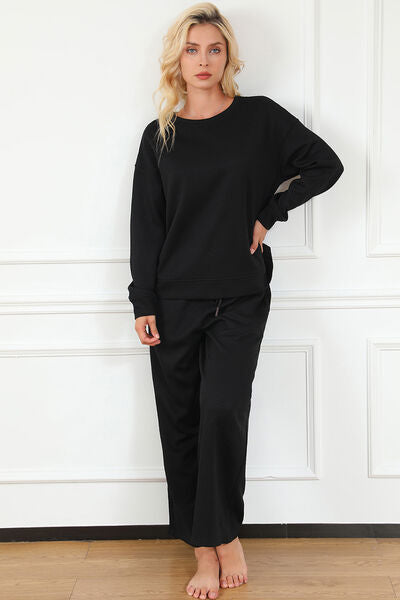 Double Take Full Size Textured Long Sleeve Top and Drawstring Pants Set