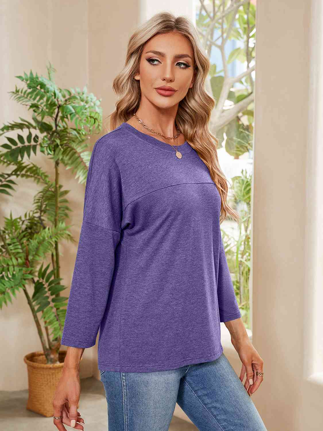 Round Neck Long Sleeve Drop Shoulder Blouse