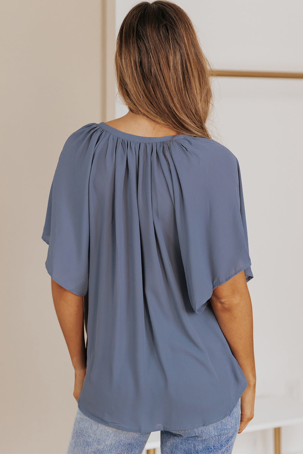 Gathered Detail Notched Neck Flutter Sleeve Top